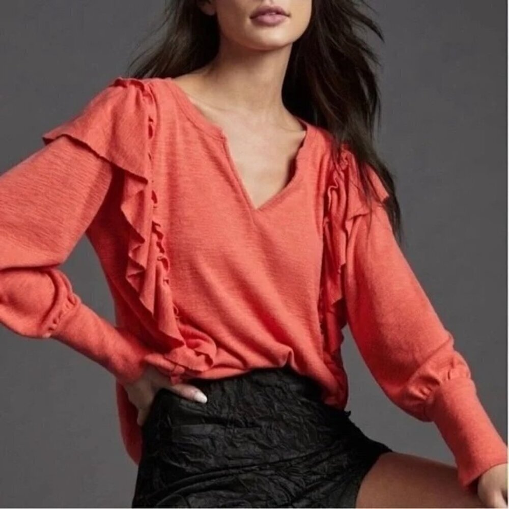 Pilcro by Anthropologie cozy popover ruffle sweater size L